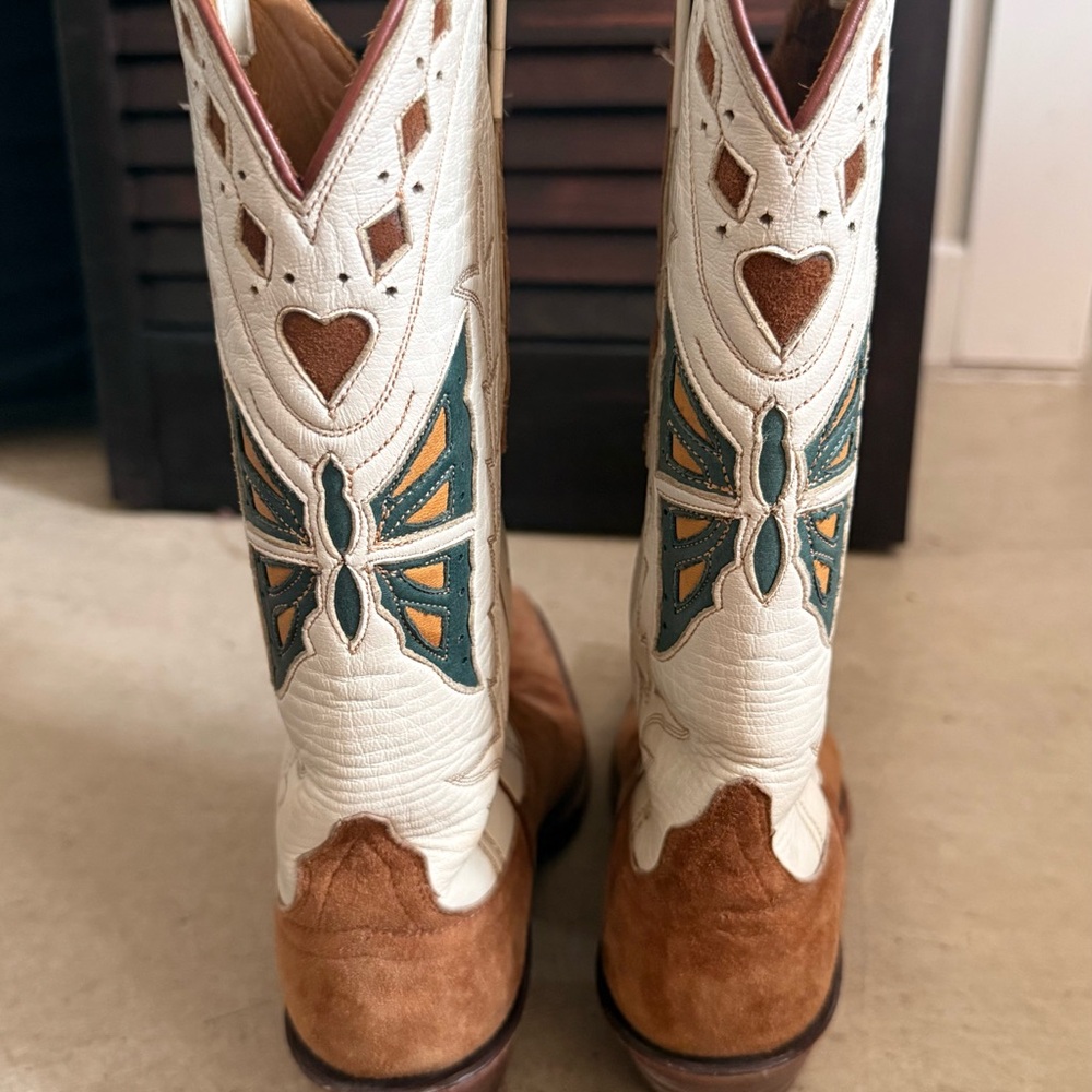 Vintage Lucchase Classics Butterfly inlay Western Boots Snip Toe Brown Suede 7A - Picture 2 of 6
